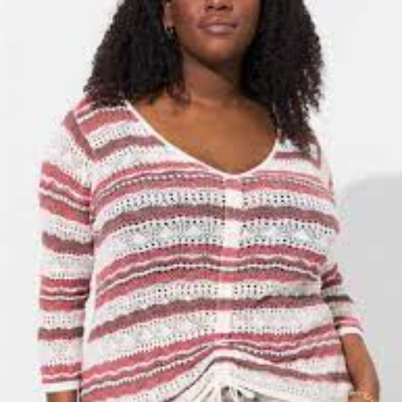 Torrid Open Stitch Pullover V-Neck Cinched Front Sweater Pink Stripe Size 3X NWT - Picture 2 of 11